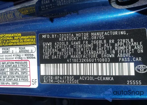 2006 Toyota Camry Le из США, поврежденный, VIN 4T1BE32K66U110803